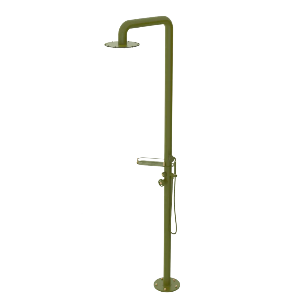 Rubinet Pressure Balance Outdoor Shower with Hand Held Shower & 10" Shower Head (with shelf) - 304 Stainless Steel Green Envy