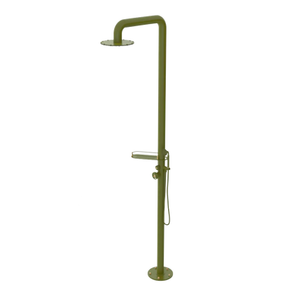 Rubinet Pressure Balance Outdoor Shower with Hand Held Shower & 10" Shower Head (with shelf) - 304 Stainless Steel Green Envy
