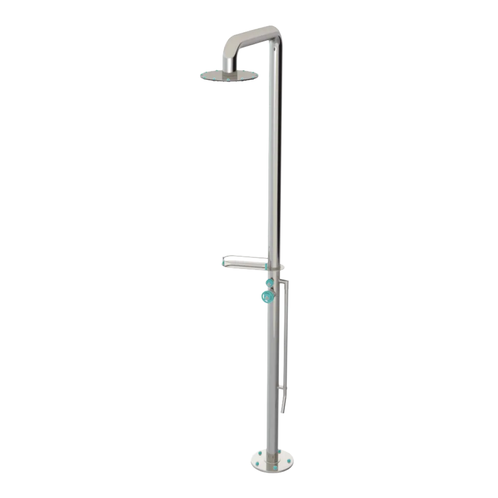 Rubinet Pressure Balance Outdoor Shower with Foot Rinse & 10" Shower Head (with shelf) - 304 Stainless Steel Polished Nickel