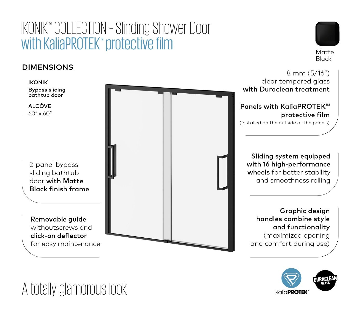 KALIA IKONIK2-Panel Bypass sliding bathtub door 60"x60" with KaliaProtek film