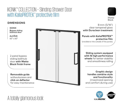 KALIA IKONIK2-Panel Bypass sliding bathtub door 60"x60" with KaliaProtek film
