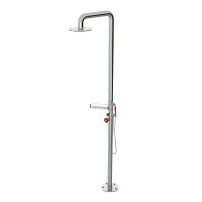 Rubinet Pressure Balance Outdoor Shower with Hand Held Shower & 10" Shower Head (with shelf) - 304 Stainless Steel Satin Nickel