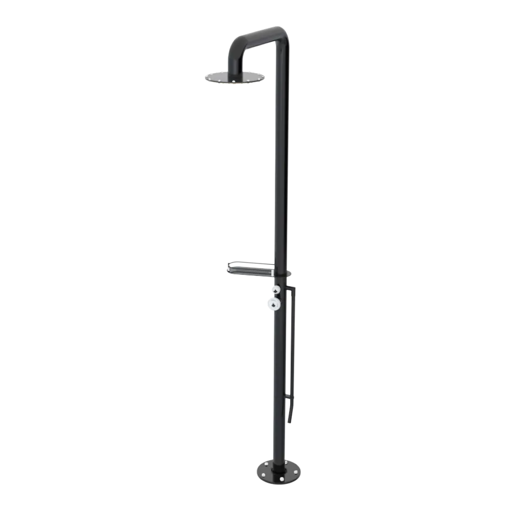 Rubinet Pressure Balance Outdoor Shower with Foot Rinse & 10" Shower Head (with shelf) - 304 Stainless Steel Black