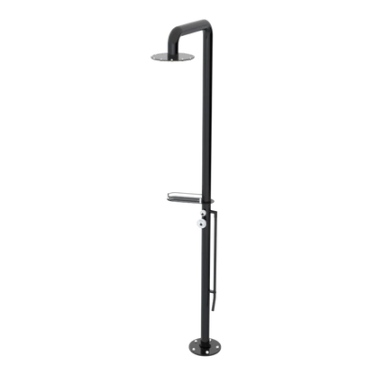 Rubinet Pressure Balance Outdoor Shower with Foot Rinse & 10" Shower Head (with shelf) - 304 Stainless Steel Black