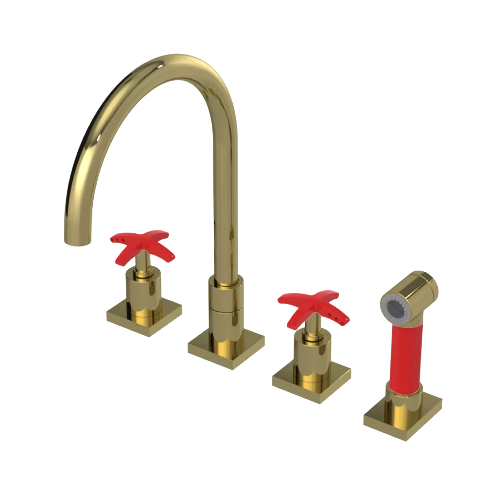 Rubinet Widespread Kitchen Set with Hand Spray Natural Brass