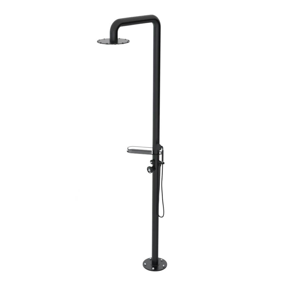 Rubinet Pressure Balance Outdoor Shower with Hand Held Shower & 10" Shower Head (with shelf) - 304 Stainless Steel Matt Black
