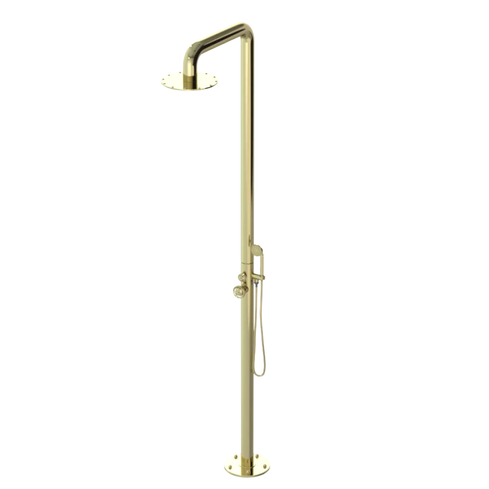 Rubinet Pressure Balance Outdoor Shower with Hand Held Shower & 10" Shower Head - 304 Stainless Steel Gold