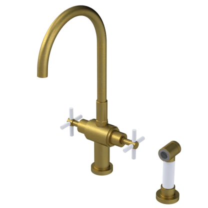 Rubinet Two Handle Single Hole Kitchen Set with LaSalle Spout with Hand Spray Antique Brass Matt