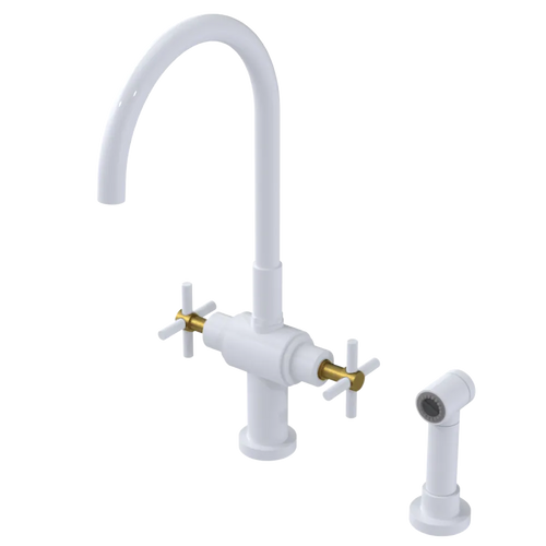 Rubinet Two Handle Single Hole Kitchen Set with LaSalle Spout with Hand Spray White