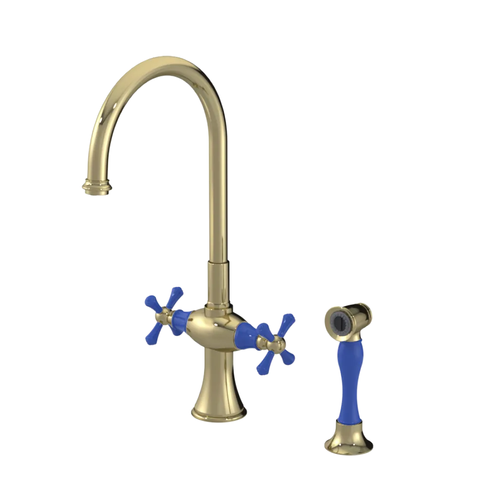 Rubinet Two Handle Single Hole Kitchen Set with Hand Spray Natural Brass