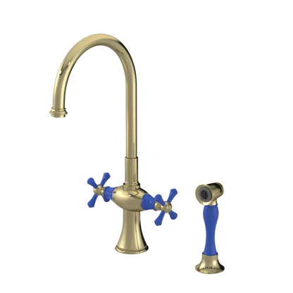 Rubinet Two Handle Single Hole Kitchen Set with Hand Spray Natural Brass