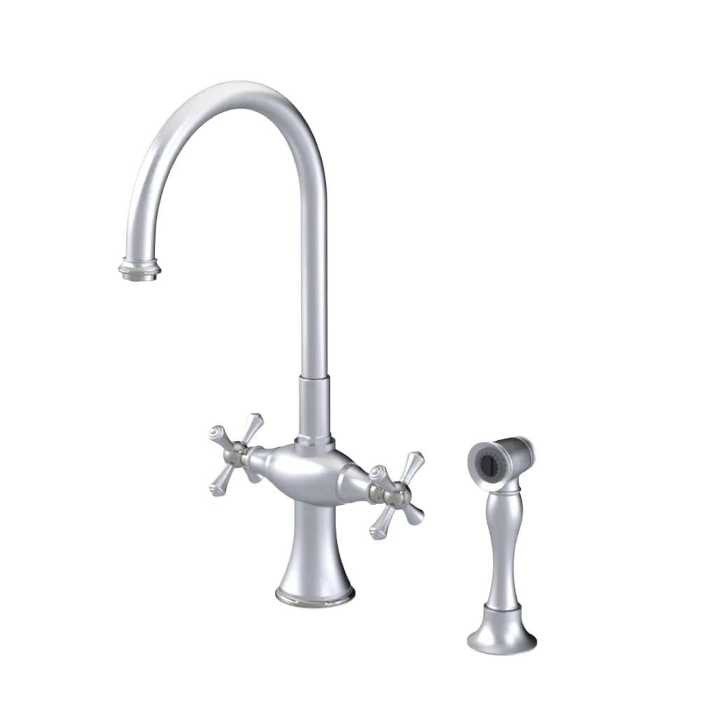Rubinet Two Handle Single Hole Kitchen Set with Hand Spray Satin Chrome