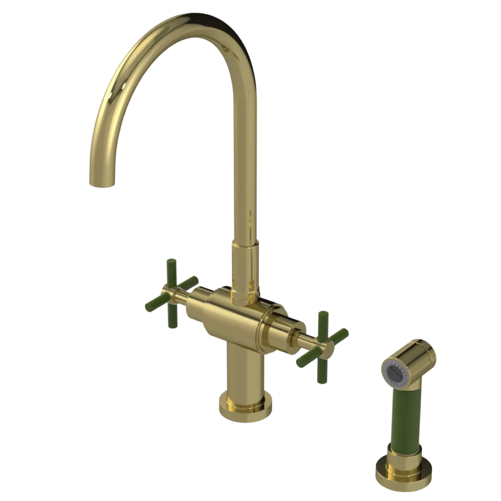 Rubinet Two Handle Single Hole Kitchen Set with LaSalle Spout with Hand Spray Natural Brass