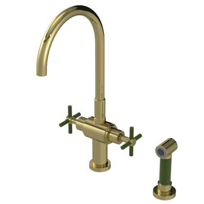 Rubinet Two Handle Single Hole Kitchen Set with LaSalle Spout with Hand Spray Natural Brass