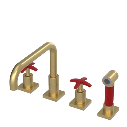 Rubinet Widespread Kitchen Set with Genesis Spout with Hand Spray Satin Brass