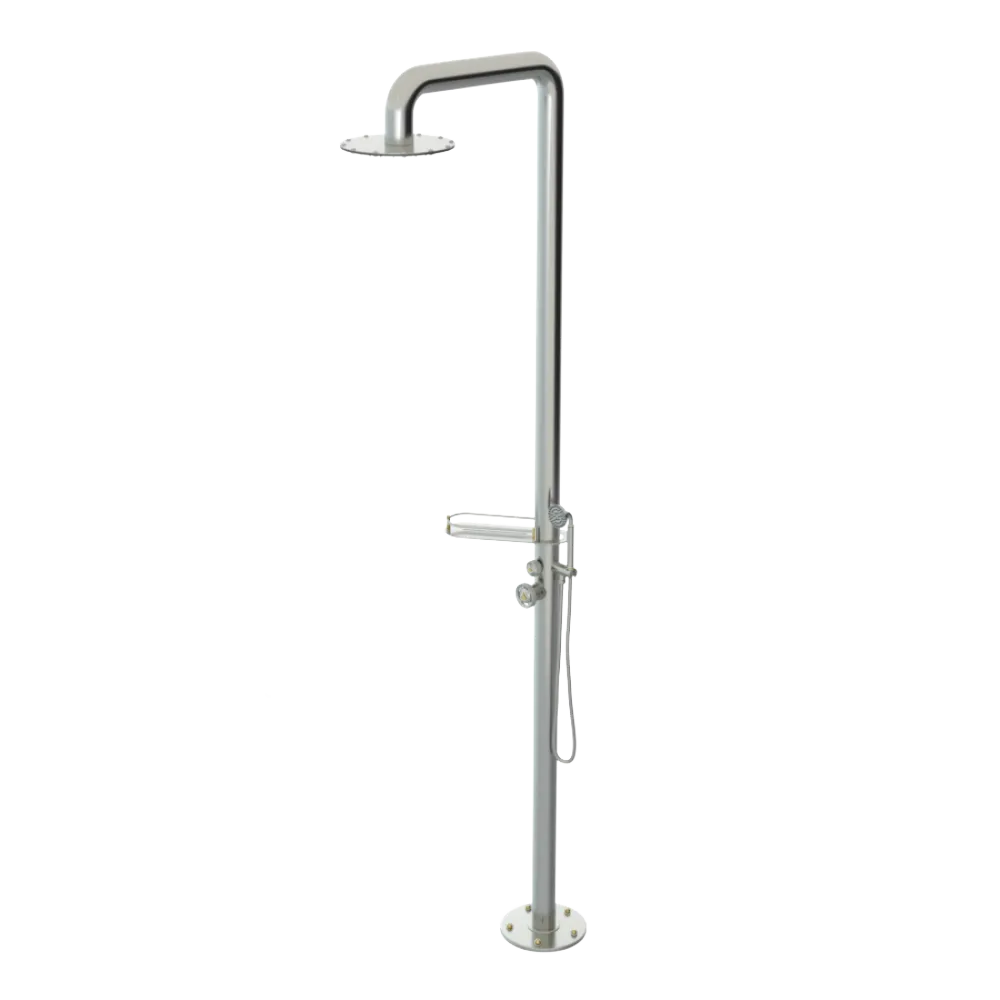 Rubinet Pressure Balance Outdoor Shower with Hand Held Shower & 10" Shower Head (with shelf) - 304 Stainless Steel Satin Nickel