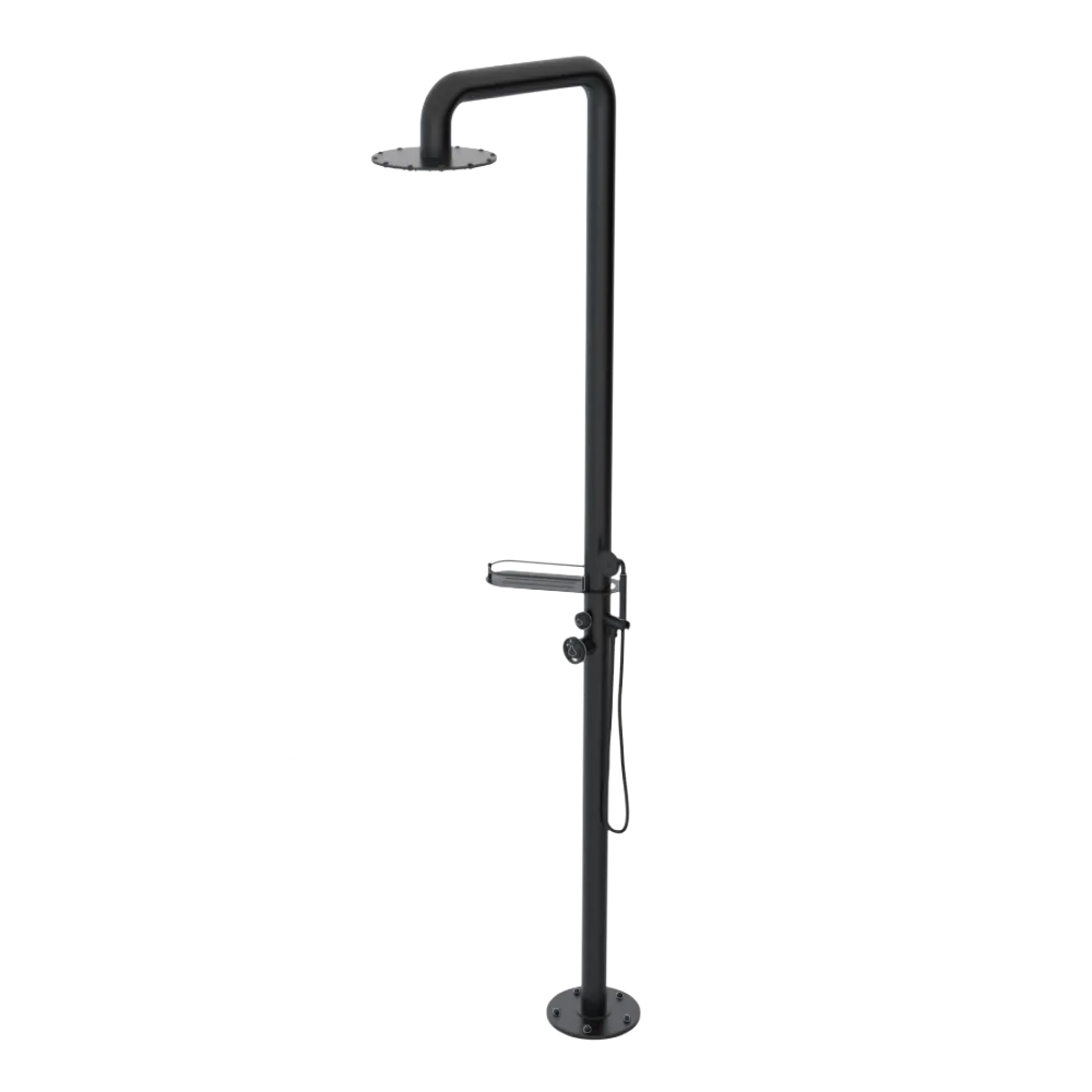 Rubinet Pressure Balance Outdoor Shower with Hand Held Shower & 10" Shower Head (with shelf) - 304 Stainless Steel Matt Black