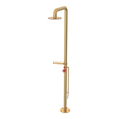 Rubinet Pressure Balance Outdoor Shower with Foot Rinse & 10" Shower Head (with shelf) - 304 Stainless Steel Satin Gold