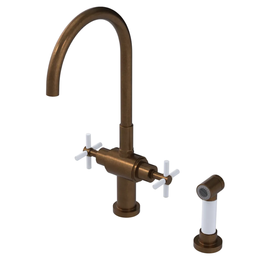 Rubinet Two Handle Single Hole Kitchen Set with LaSalle Spout with Hand Spray Tuscan Brass