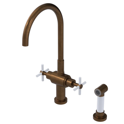 Rubinet Two Handle Single Hole Kitchen Set with LaSalle Spout with Hand Spray Tuscan Brass