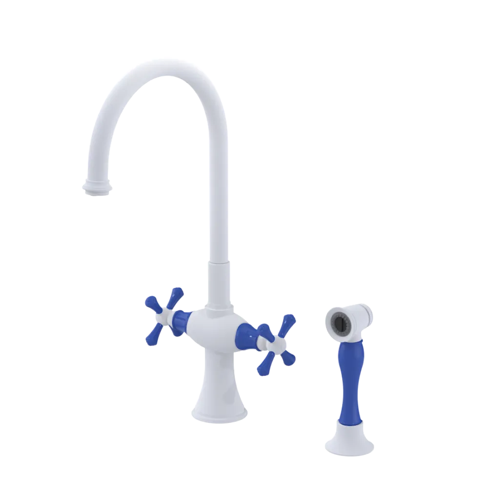 Rubinet Two Handle Single Hole Kitchen Set with Hand Spray Matt White