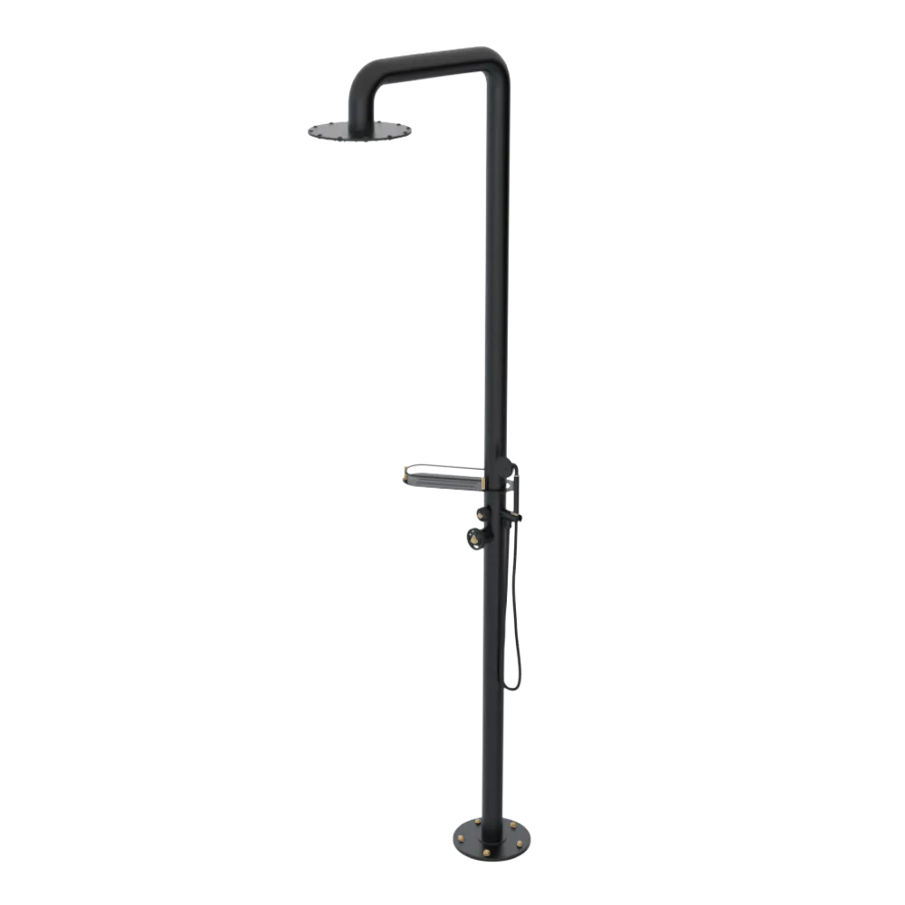 Rubinet Pressure Balance Outdoor Shower with Hand Held Shower & 10" Shower Head (with shelf) - 304 Stainless Steel Matt Black
