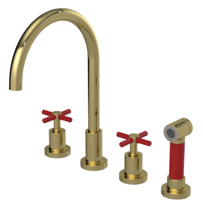 Rubinet Widespread Kitchen Set with LaSalle Spout with Hand Spray Natural Brass