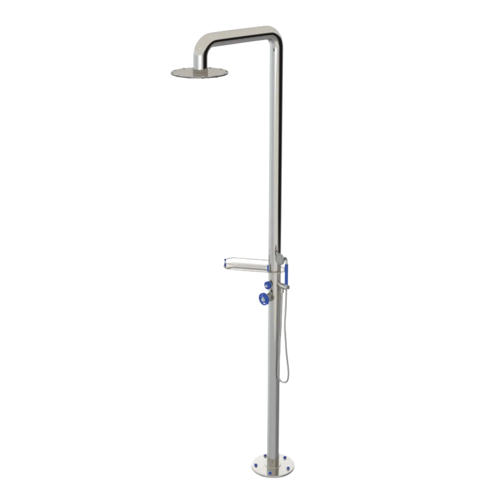 Rubinet Pressure Balance Outdoor Shower with Hand Held Shower & 10" Shower Head (with shelf) - 304 Stainless Steel Polished Nickel