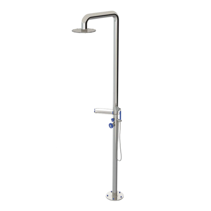 Rubinet Pressure Balance Outdoor Shower with Hand Held Shower & 10" Shower Head (with shelf) - 304 Stainless Steel Polished Nickel