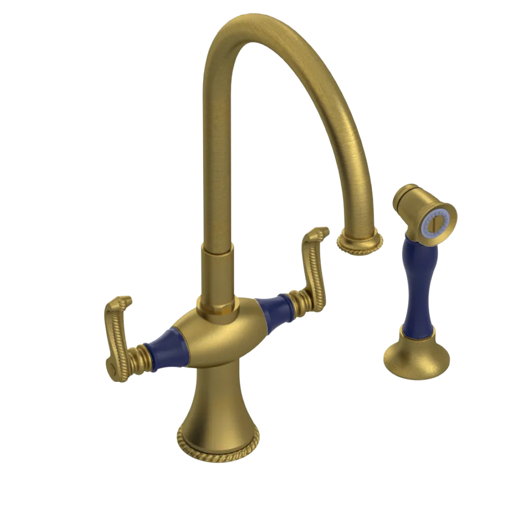 Rubinet Two Handle Single Hole Kitchen Set with Hand Spray Antique Brass Matt