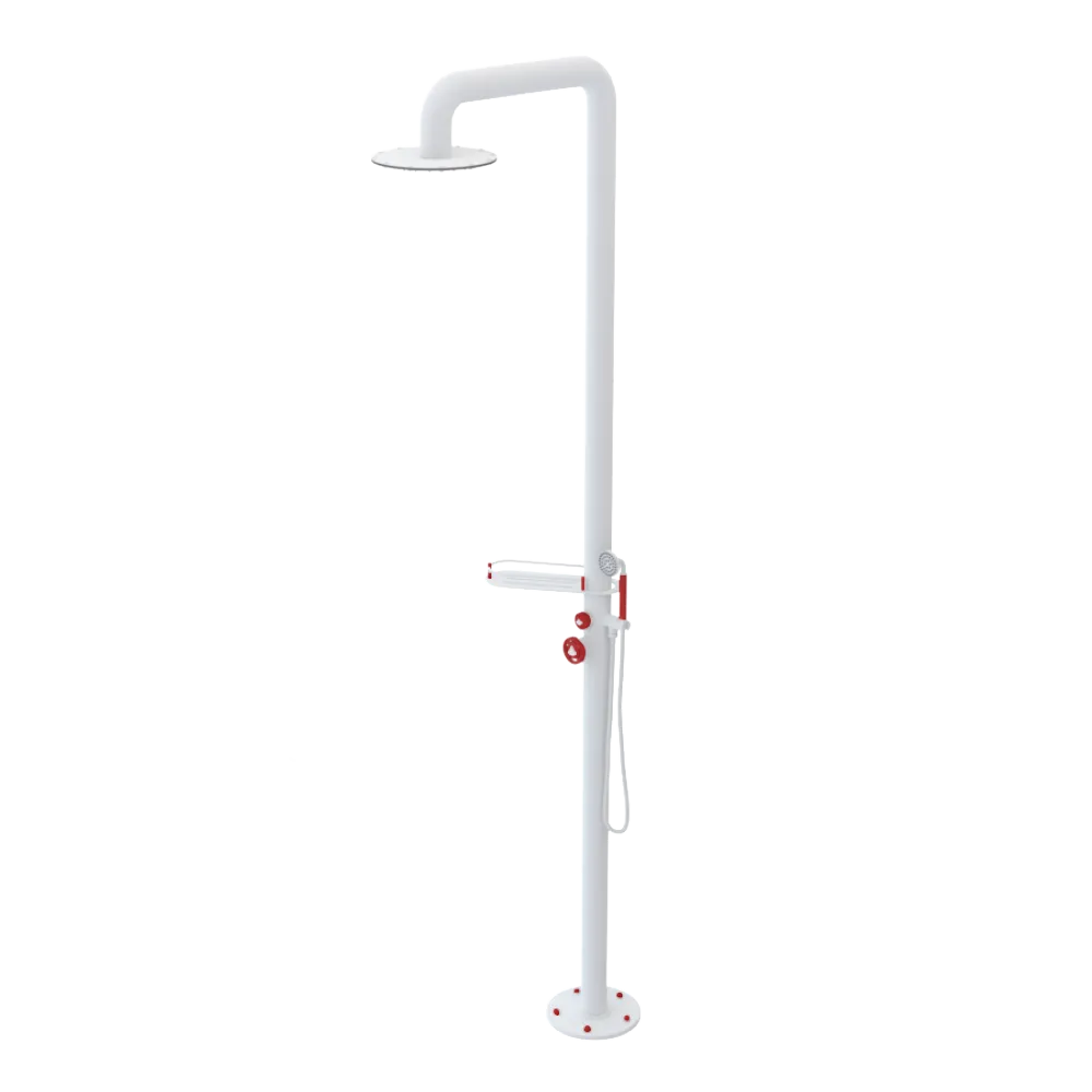 Rubinet Pressure Balance Outdoor Shower with Hand Held Shower & 10" Shower Head (with shelf) - 304 Stainless Steel Matt White
