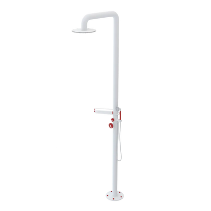 Rubinet Pressure Balance Outdoor Shower with Hand Held Shower & 10" Shower Head (with shelf) - 304 Stainless Steel Matt White