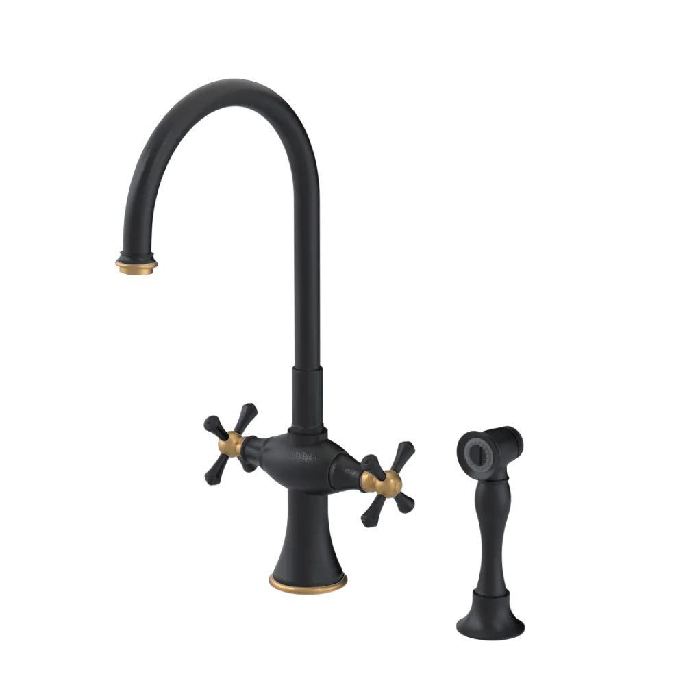 Rubinet Two Handle Single Hole Kitchen Set with Hand Spray Matt Black