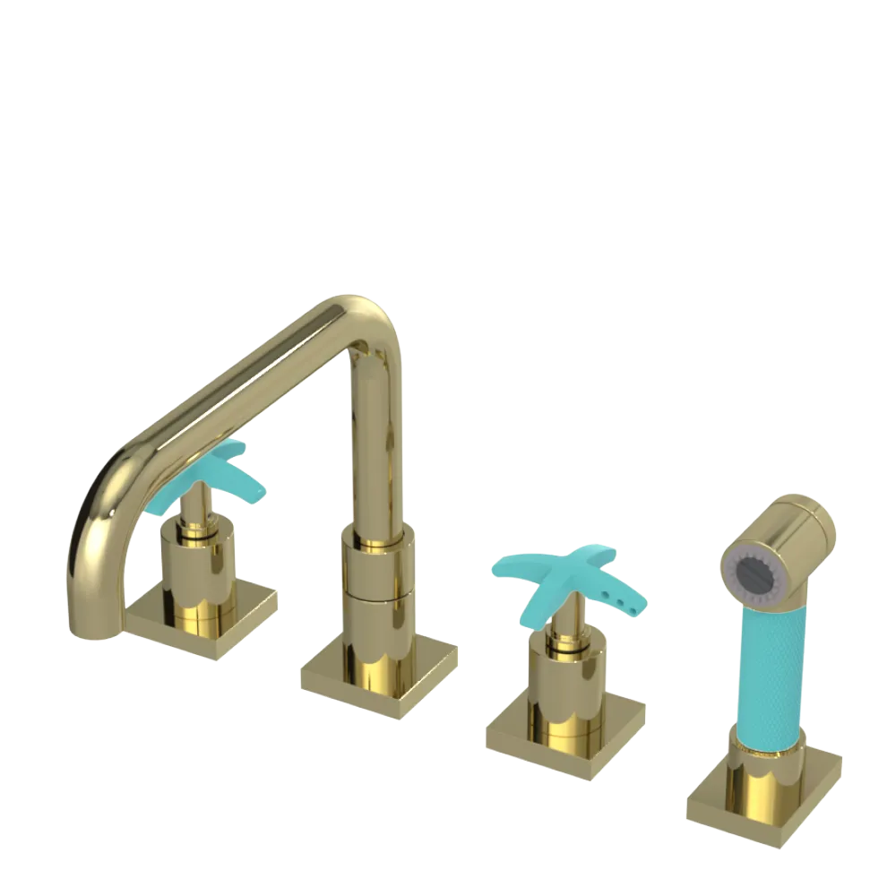 Rubinet Widespread Kitchen Set with Genesis Spout with Hand Spray Gold