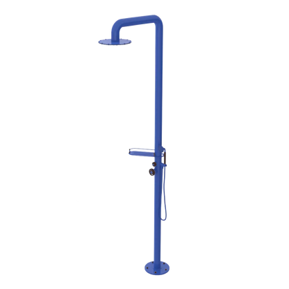 Rubinet Pressure Balance Outdoor Shower with Hand Held Shower & 10" Shower Head (with shelf) - 304 Stainless Steel Blu Jean