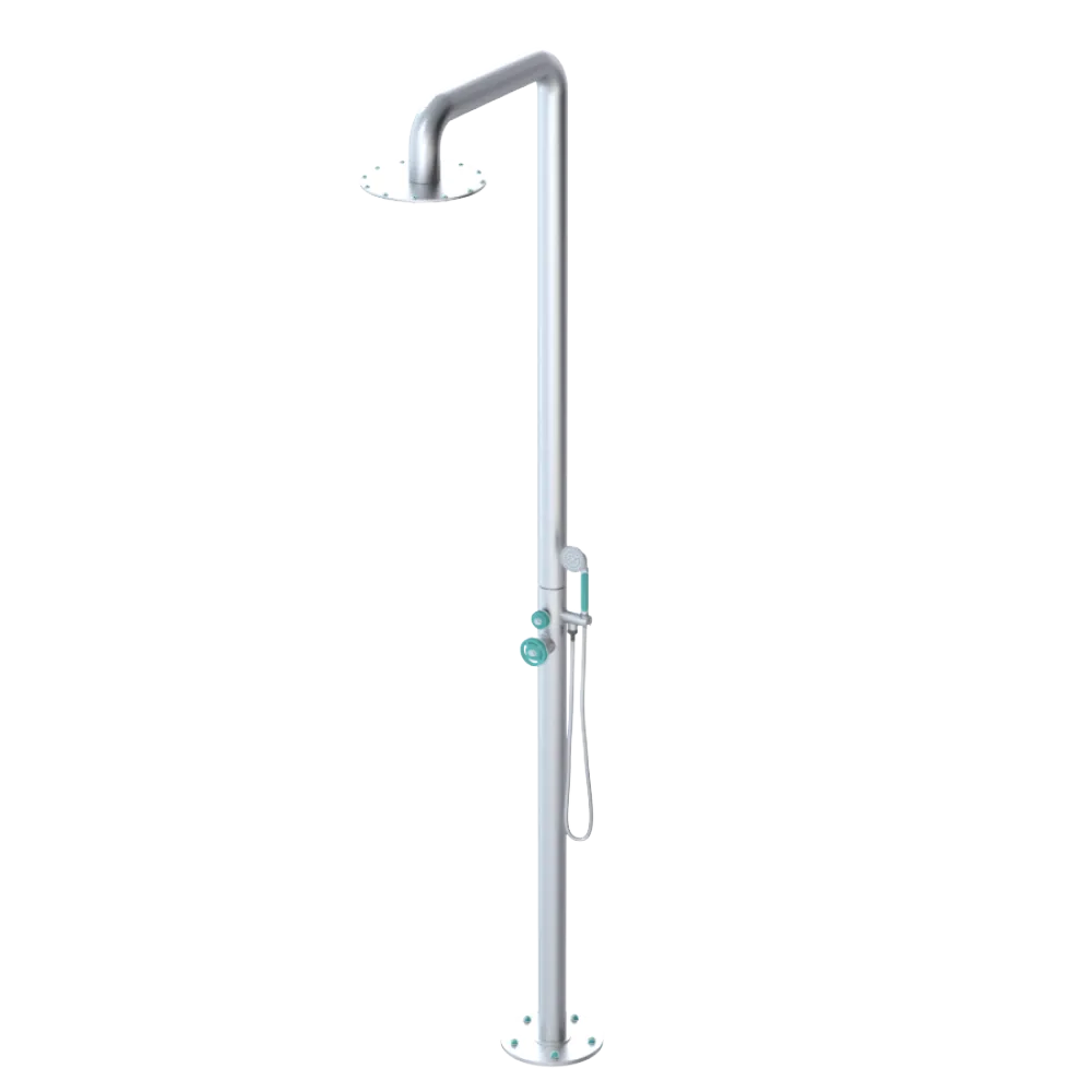Rubinet Pressure Balance Outdoor Shower with Hand Held Shower & 10" Shower Head - 304 Stainless Steel Satin Chrome