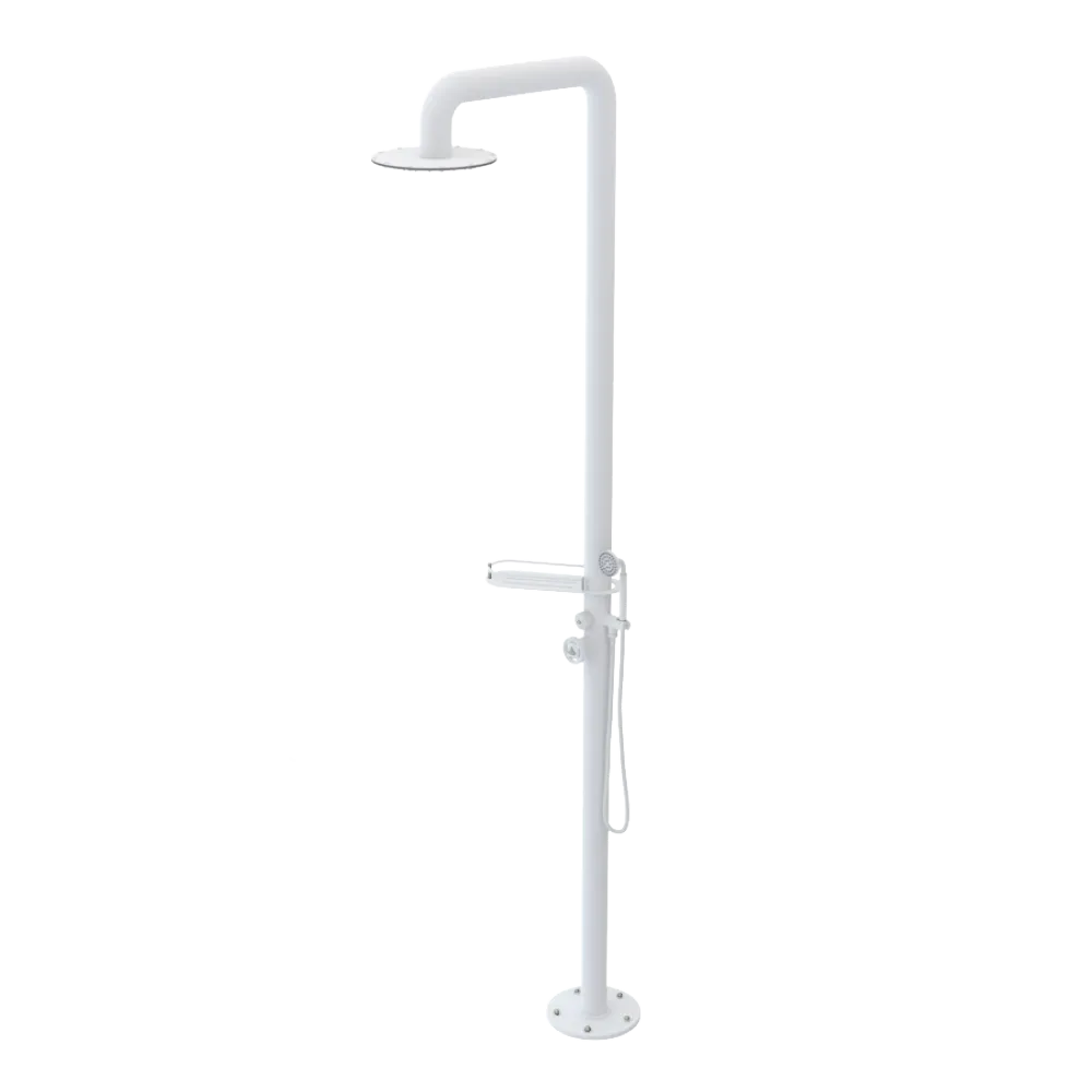 Rubinet Pressure Balance Outdoor Shower with Hand Held Shower & 10" Shower Head (with shelf) - 304 Stainless Steel Matt White