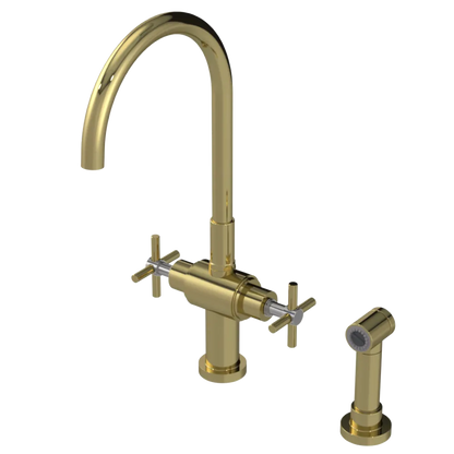Rubinet Two Handle Single Hole Kitchen Set with LaSalle Spout with Hand Spray Natural Brass
