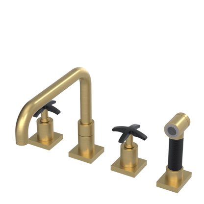 Rubinet Widespread Kitchen Set with Genesis Spout with Hand Spray Satin Gold