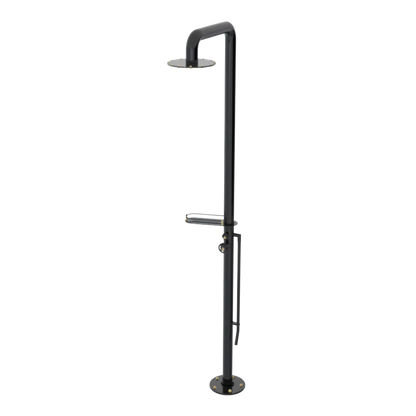 Rubinet Pressure Balance Outdoor Shower with Foot Rinse & 10" Shower Head (with shelf) - 304 Stainless Steel Black