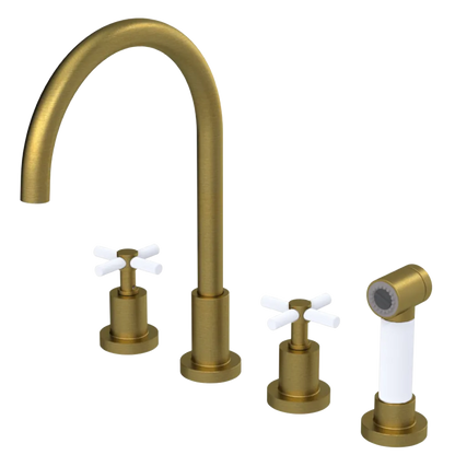 Rubinet Widespread Kitchen Set with LaSalle Spout with Hand Spray Antique Brass Matt