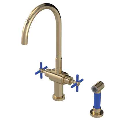 Rubinet Two Handle Single Hole Kitchen Set with LaSalle Spout with Hand Spray Gold