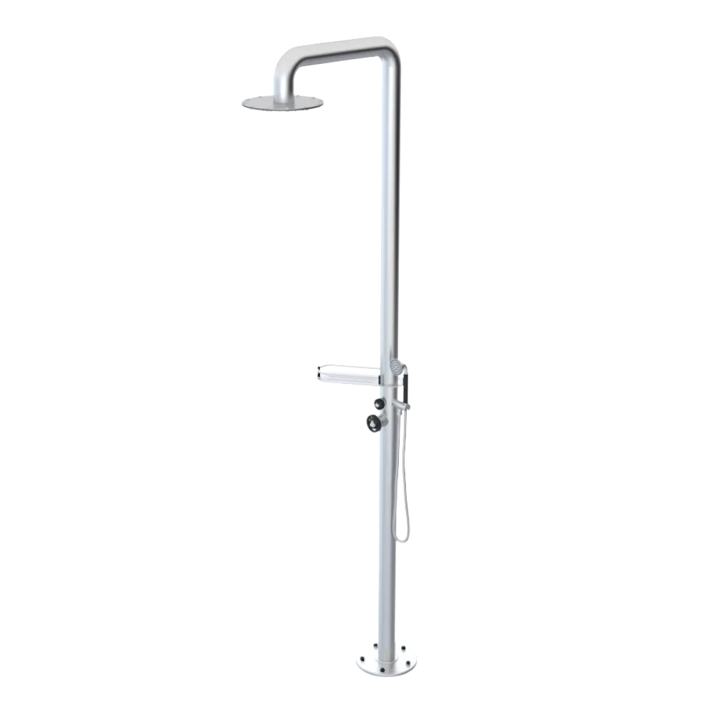 Rubinet Pressure Balance Outdoor Shower with Hand Held Shower & 10" Shower Head (with shelf) - 304 Stainless Steel Satin Chrome