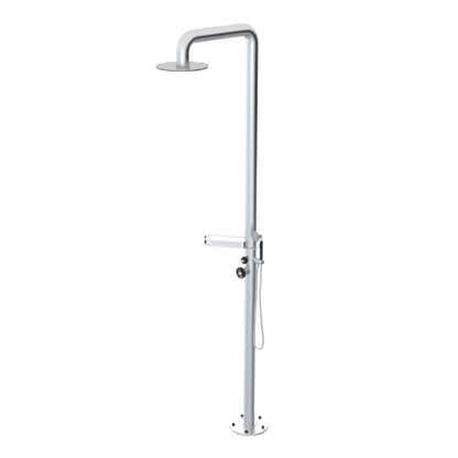Rubinet Pressure Balance Outdoor Shower with Hand Held Shower & 10" Shower Head (with shelf) - 304 Stainless Steel Satin Chrome