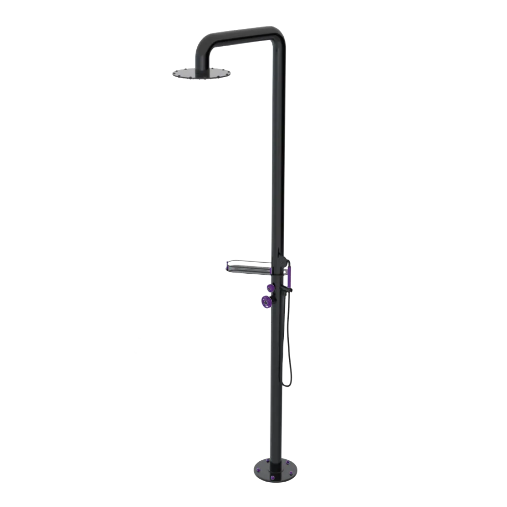 Rubinet Pressure Balance Outdoor Shower with Hand Held Shower & 10" Shower Head (with shelf) - 304 Stainless Steel Black