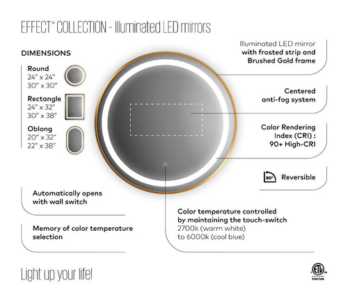 KALIA EFFECTLED-illuminated bathroom mirror - 24" x 32" - Brushed gold