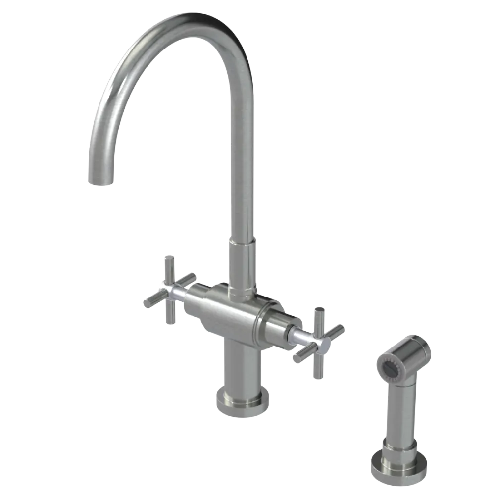 Rubinet Two Handle Single Hole Kitchen Set with LaSalle Spout with Hand Spray Satin Nickel