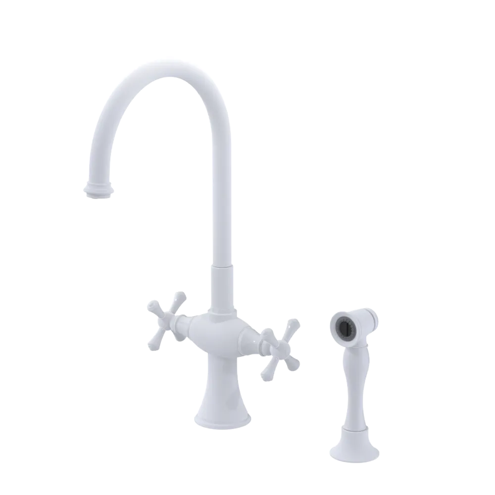 Rubinet Two Handle Single Hole Kitchen Set with Hand Spray Matt White