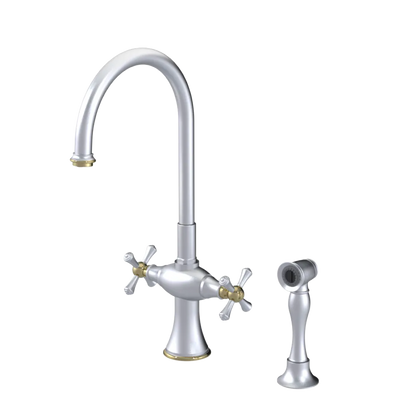 Rubinet Two Handle Single Hole Kitchen Set with Hand Spray Satin Chrome