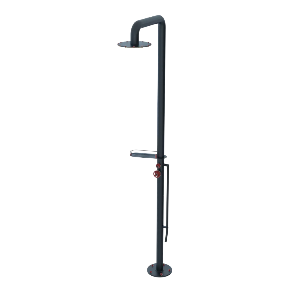 Rubinet Pressure Balance Outdoor Shower with Foot Rinse & 10" Shower Head (with shelf) - 304 Stainless Steel Matt Black